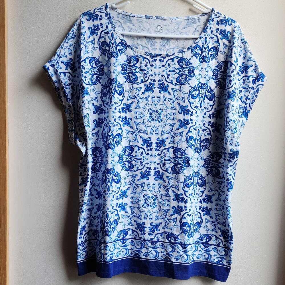Dress Barn Portuguese Tile Design Scoop Neck Cap Sleeve T-Shirt Size 1X